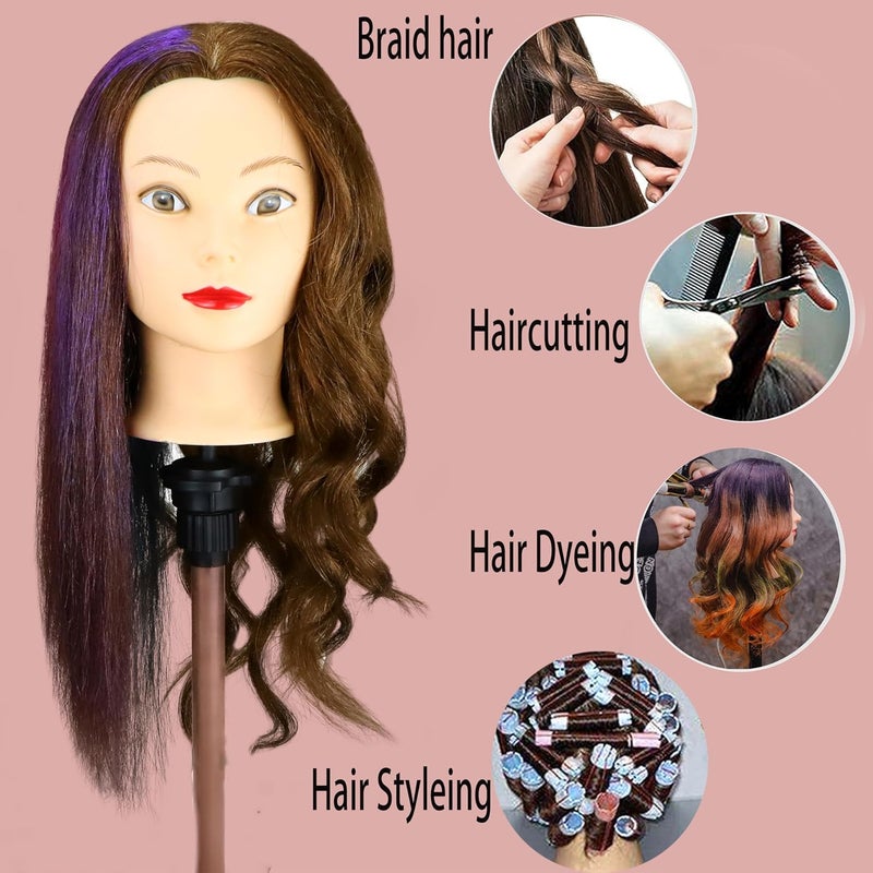 simnient Mannequin Head with 100% Real Hair, 20"Nature Brown Cosmetology Manikin Head Hair Styling Hairdressing Practice Styling Training Doll Heads with Clamp Holder clips and comb - Image 5